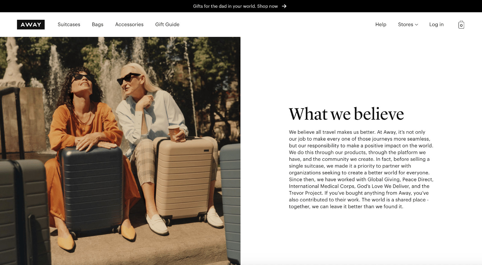 Away shares the company’s beliefs on its About Us page.