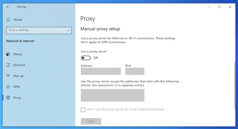 The Windows Proxy screen, with the toggle under 