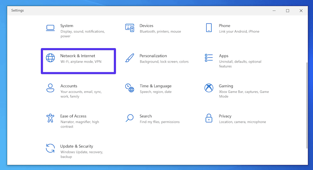 The Network & Internet option in Windows' settings.