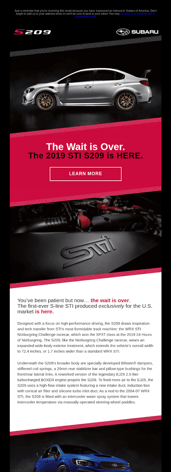 Newsletter di annuncio dei prodotti Subaru.