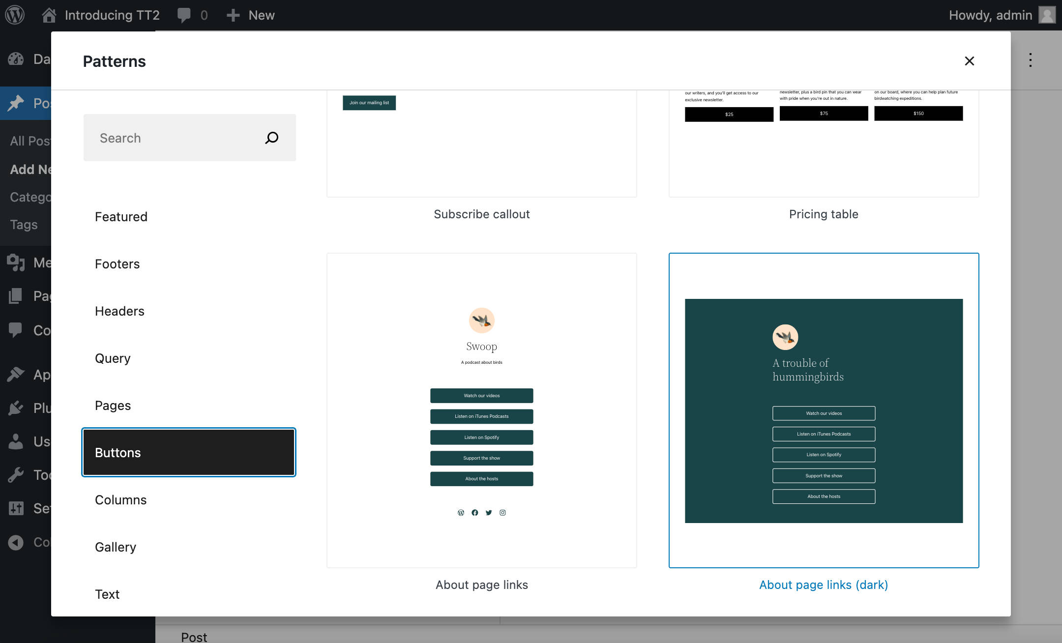 Knapper block patterns i WordPress 5.9.