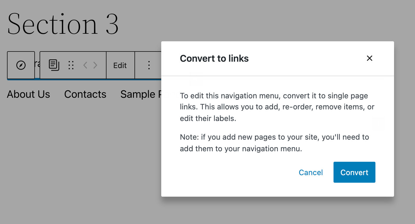 Konvertering af en navigationsmenu til individuelle sidelinks.
