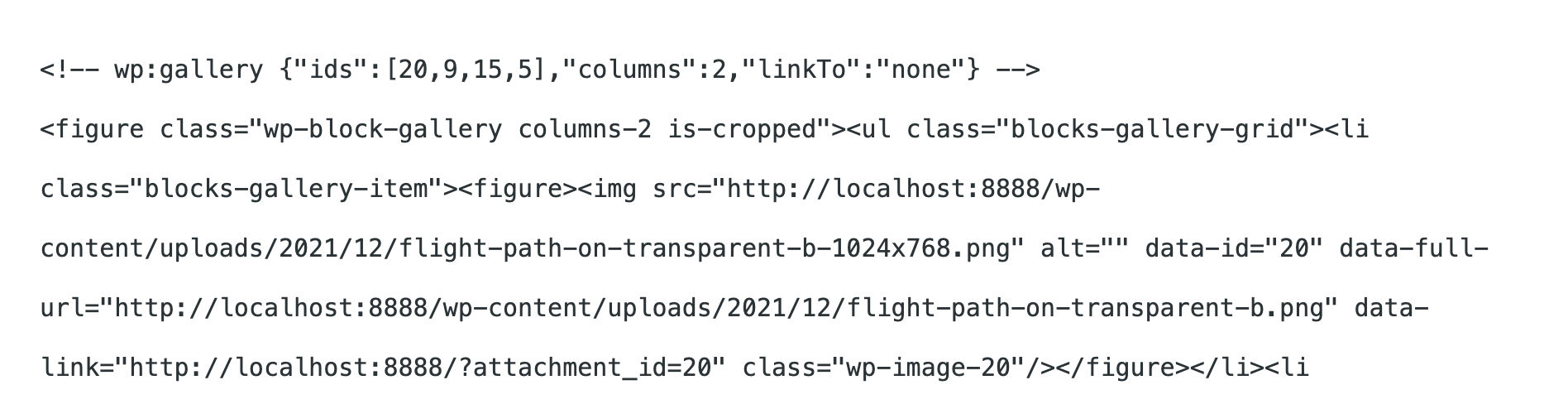 Gallery Block i kodevisning i WordPress 5.8.