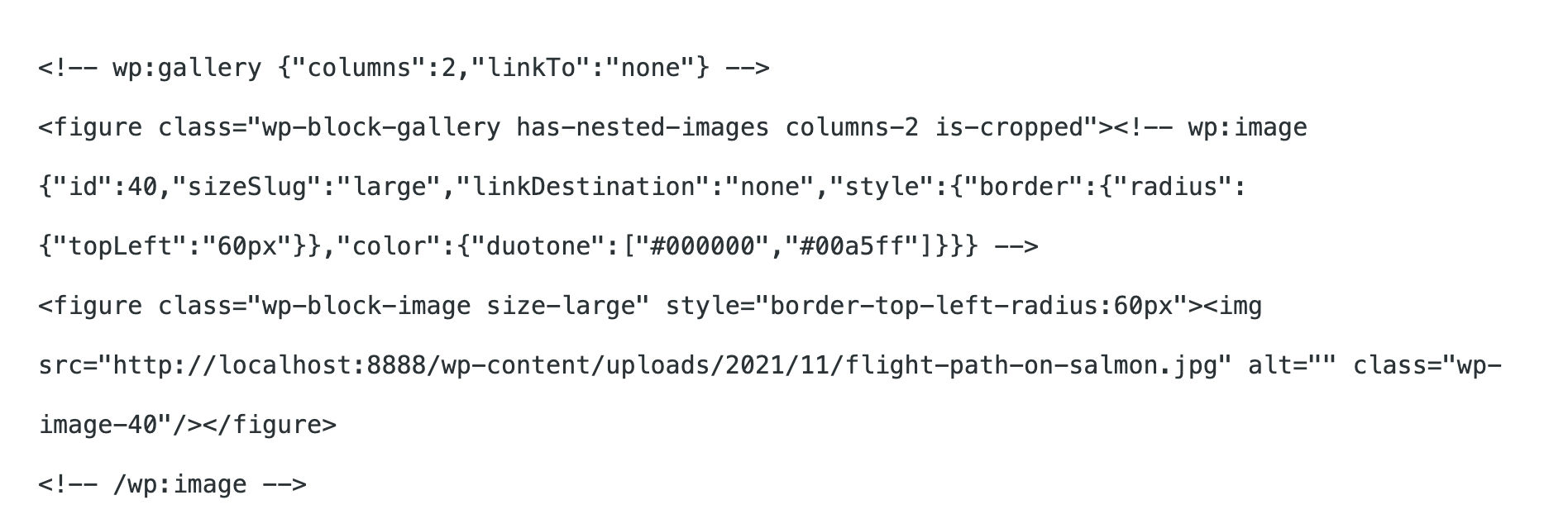 Galleriblok i kodevisning i WordPress 5.9