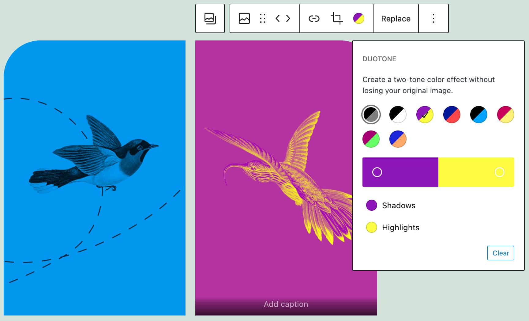Forskellige duotone-filtre anvendt på forskellige billeder i en Galleri-blok