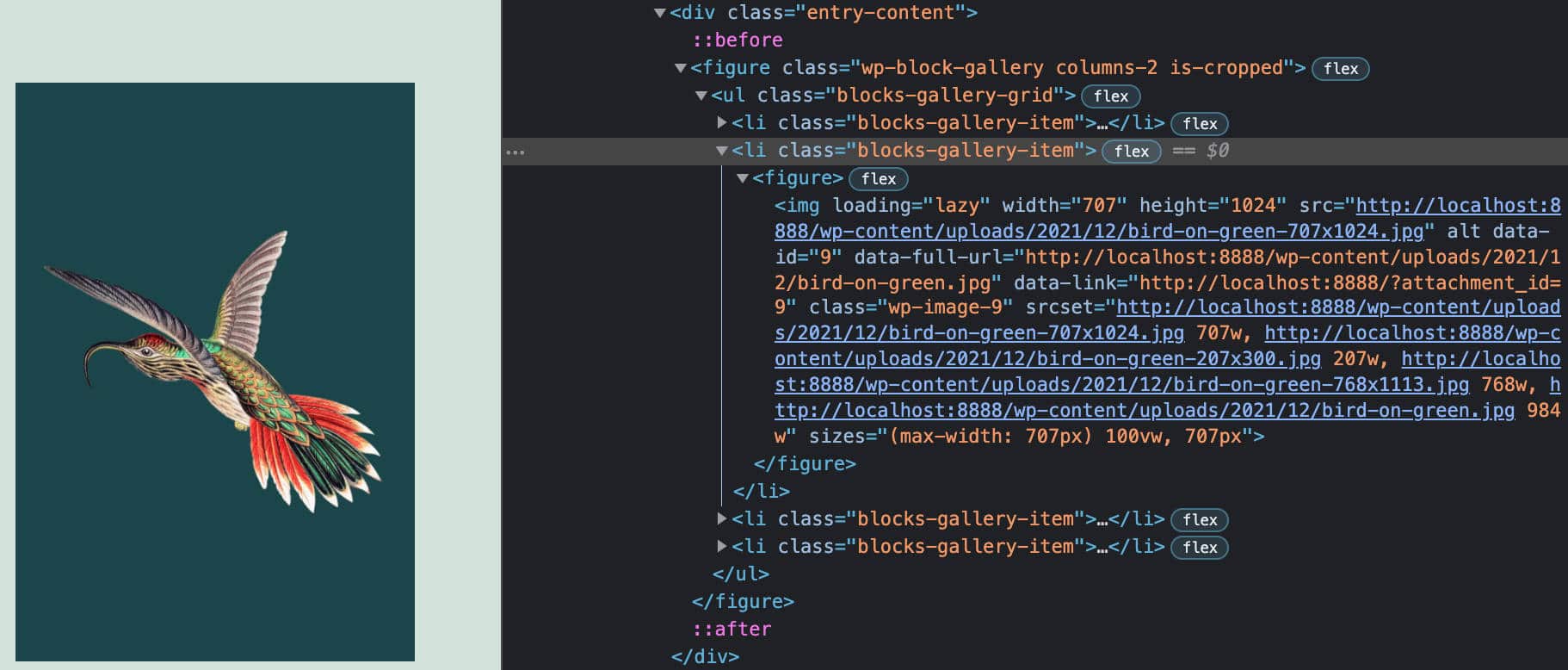 Inspicerer galleriblok i WordPress 5.8.