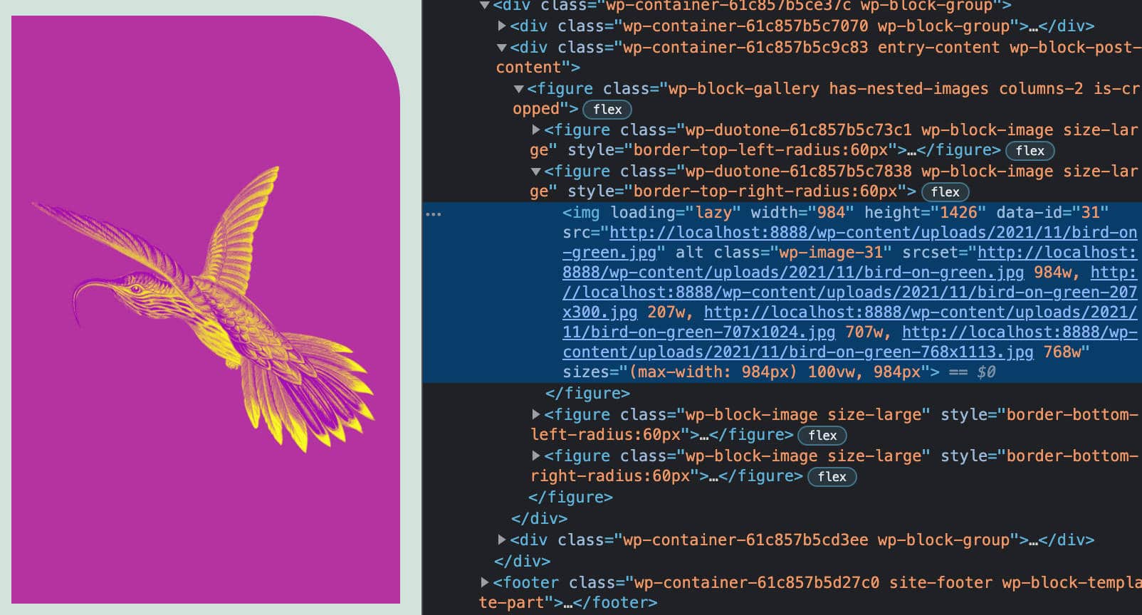 Inspicerer galleriblok i WordPress 5.9
