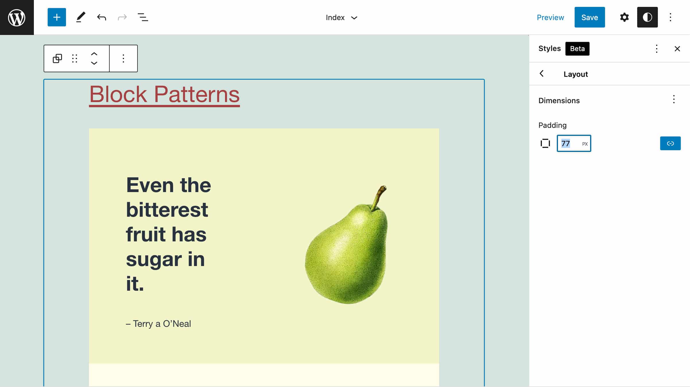 Layoutindstillinger i Twenty Twenty-One blokke.