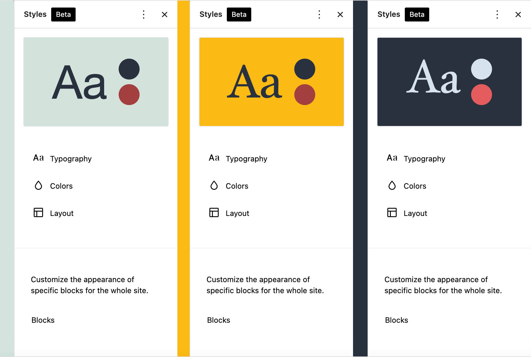 Preview af Global Styles sammenlignet.