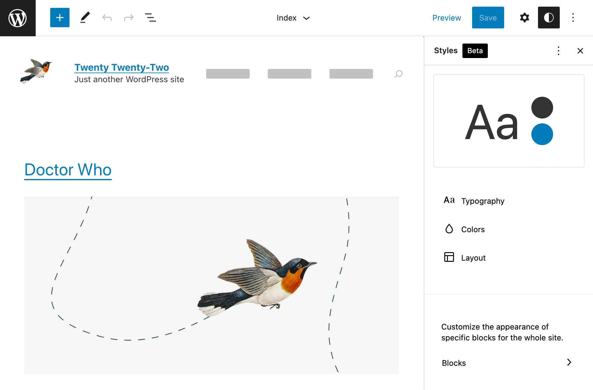 Global Styles-sidebar med Blockbase-temaet fra Automattic.