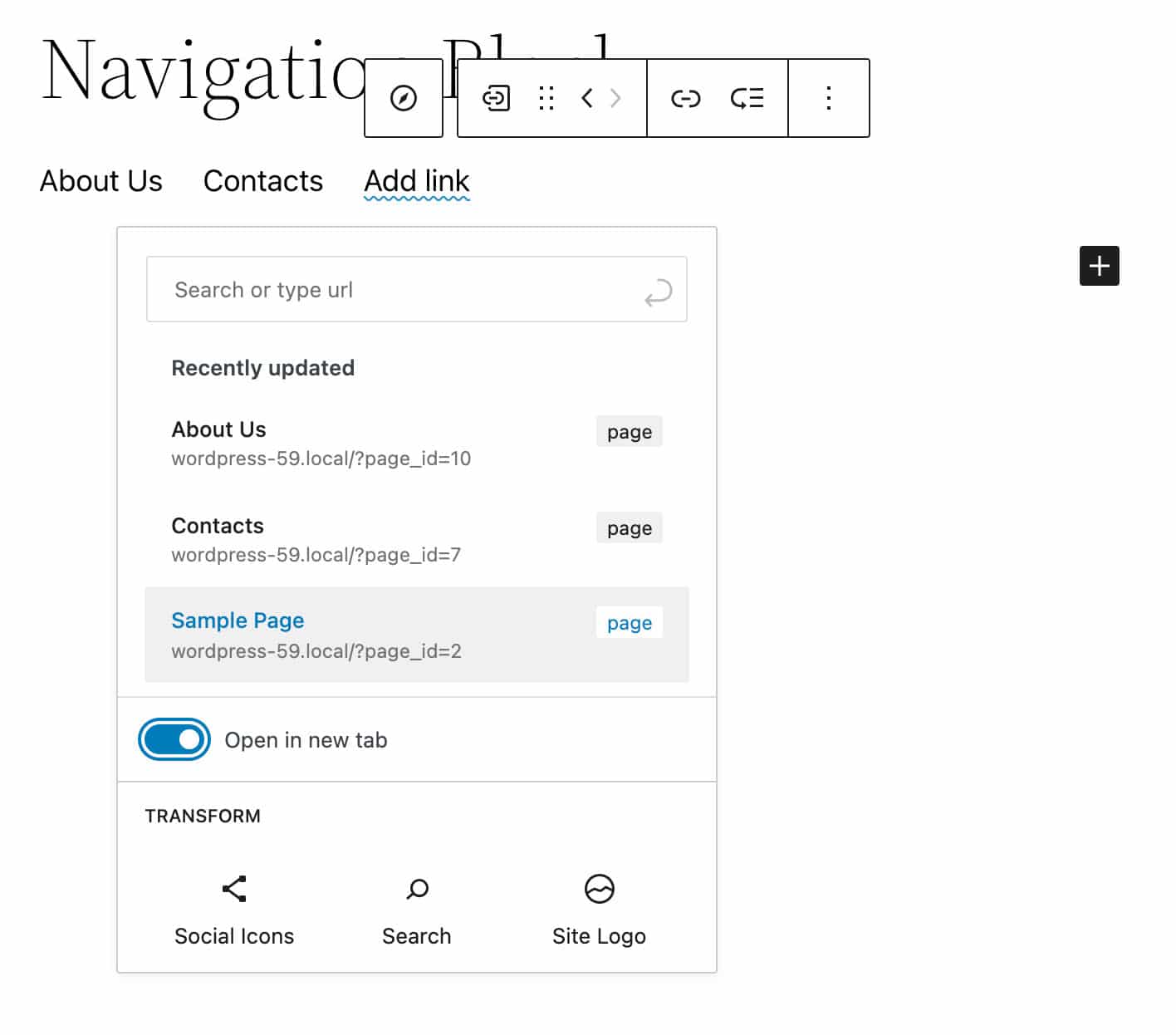 Navigation Block Appender, der viser navigationslinks.