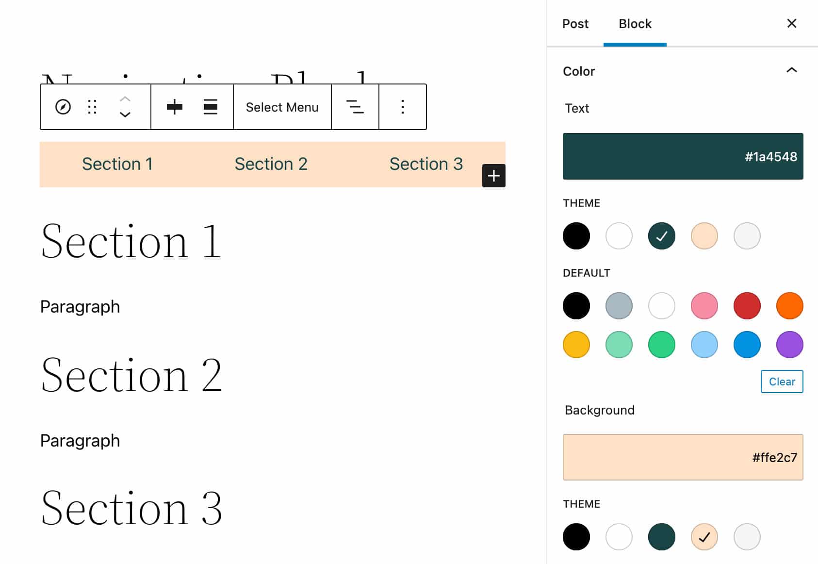Farveindstillinger for navigationsblok.