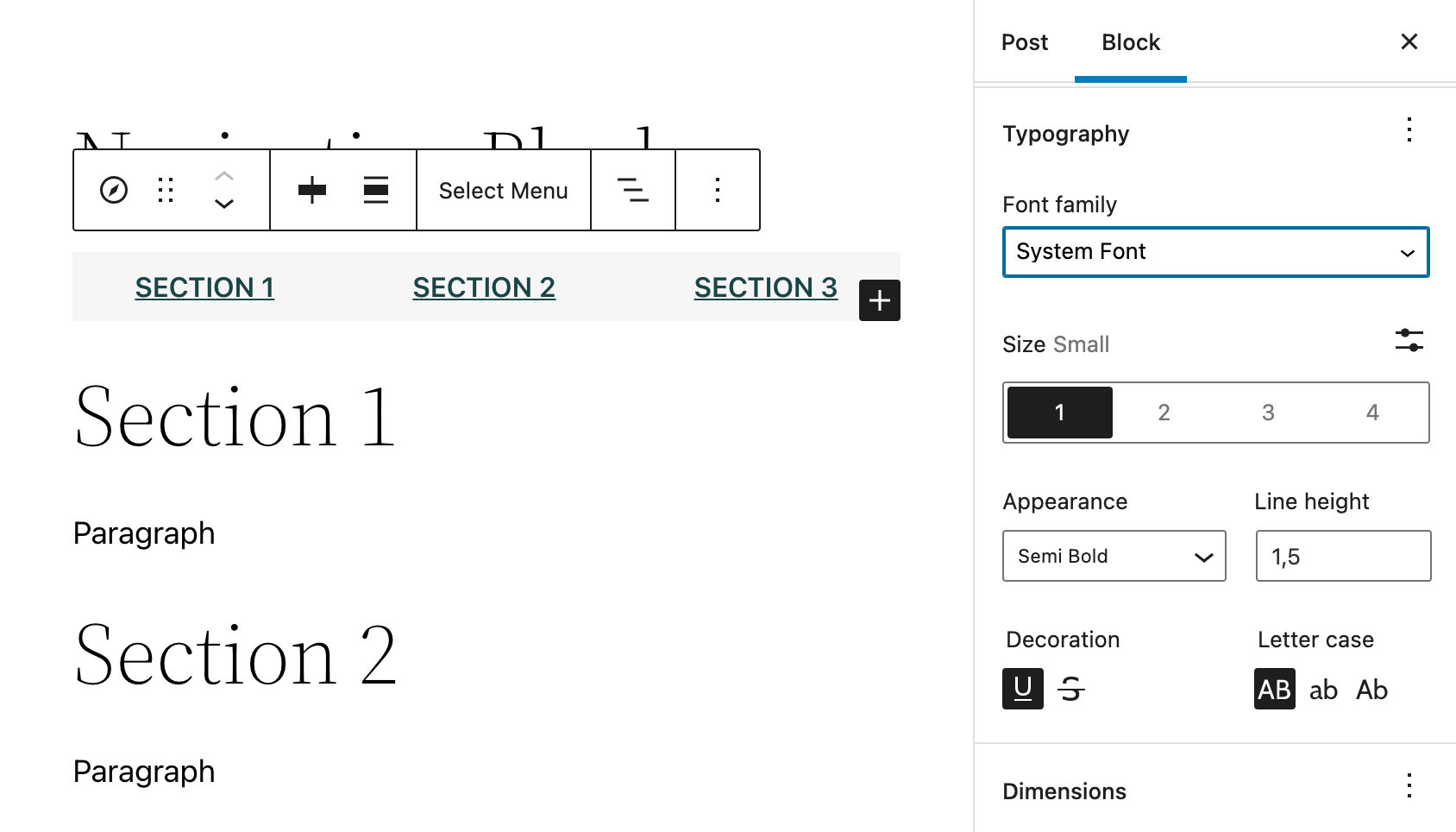 Typografiindstillinger for navigationsblok.