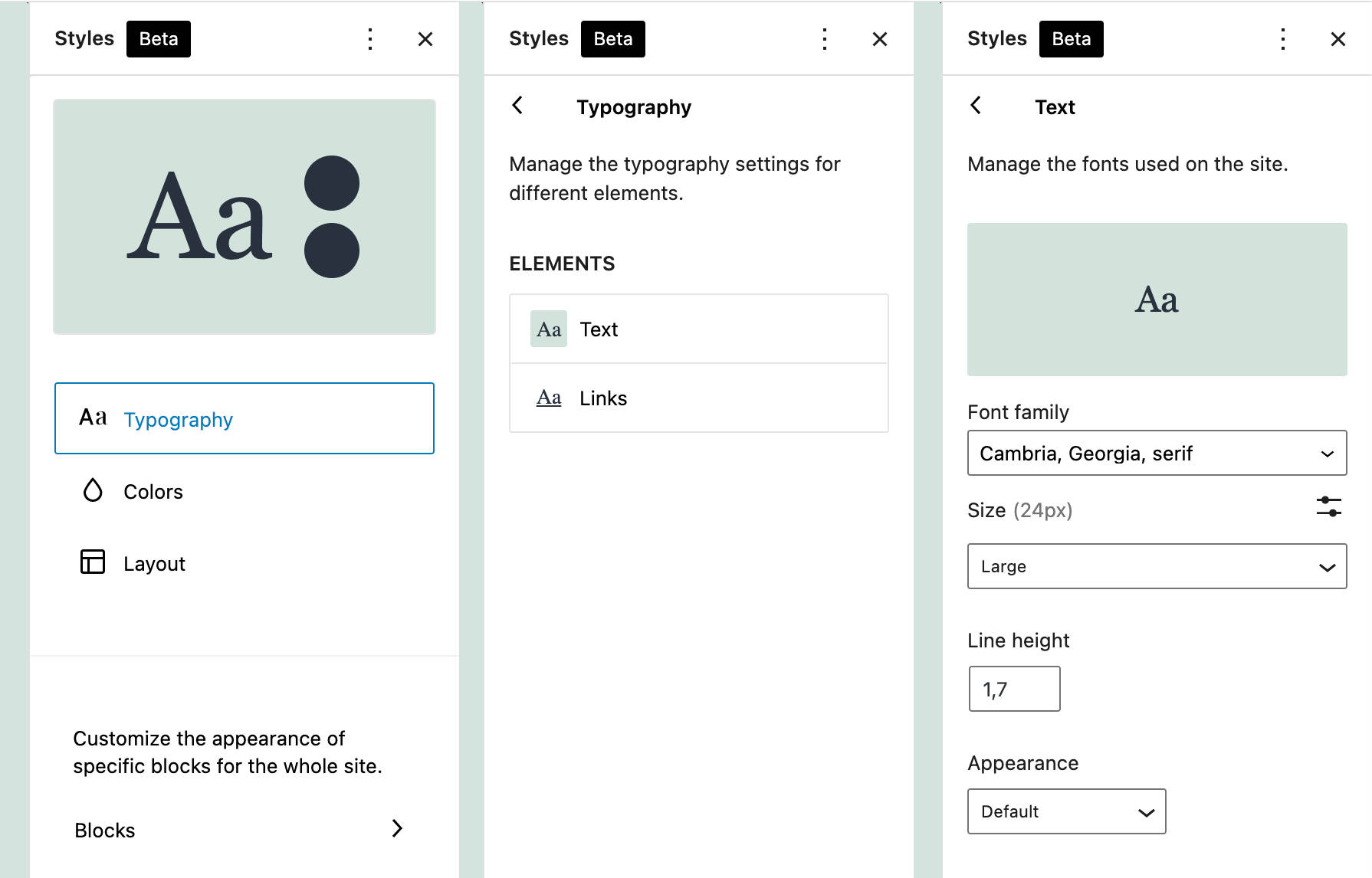 Typografiindstillinger i TT1 Blocks Global Styles.
