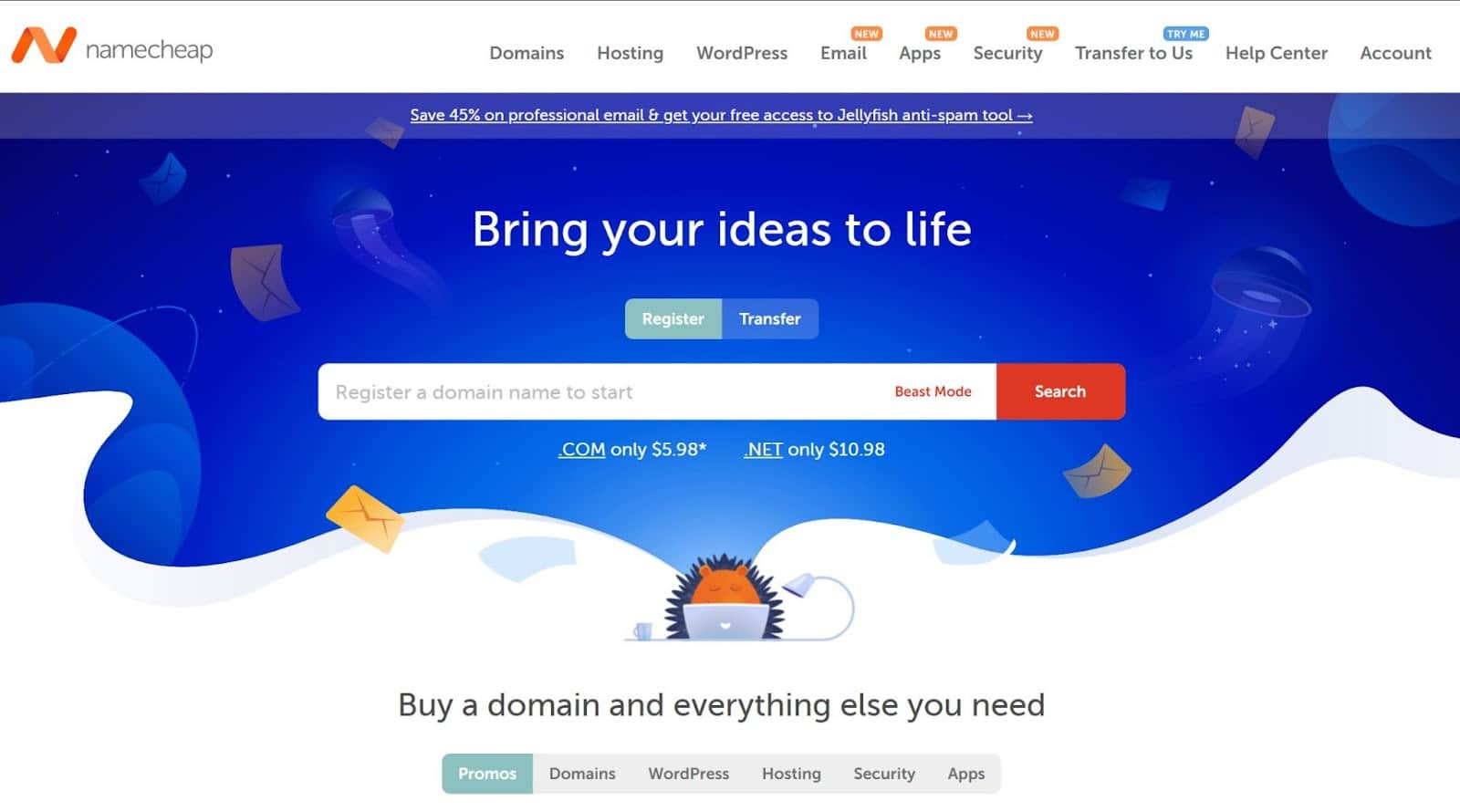 The NameCheap.com homepage