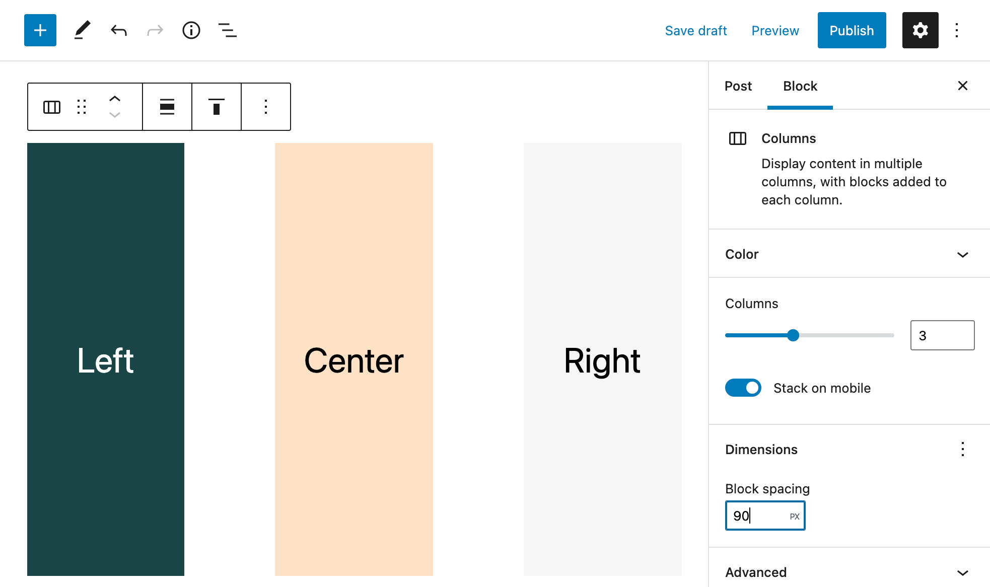 Styring af kolonner Block spacing i WordPress 5.9.