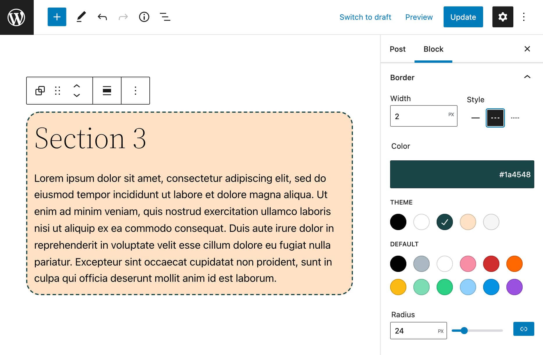 En gruppeblok med en brugerdefineret border konfiguration med Twenty Twenty-Two.