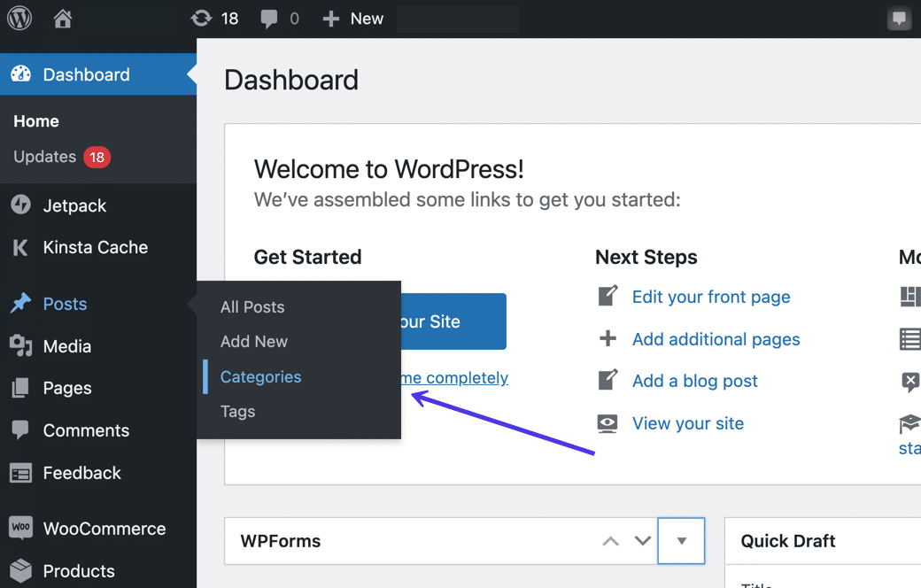 The Posts submenu in the WordPress admin dashboard, with a purple arrow pointing to the 
