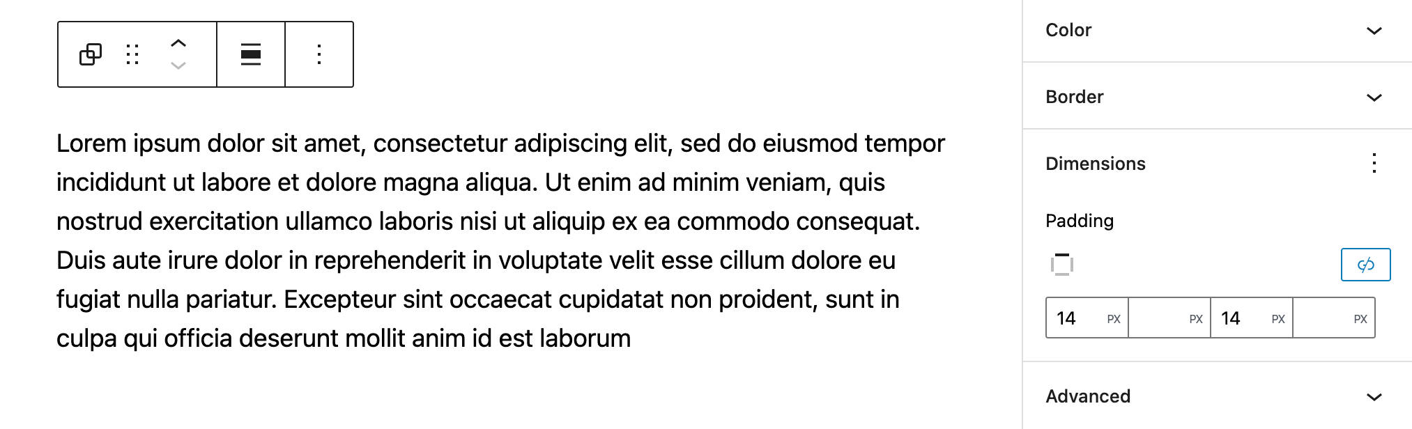 Padding kontrol for en gruppeblok i WordPress 5.9.
