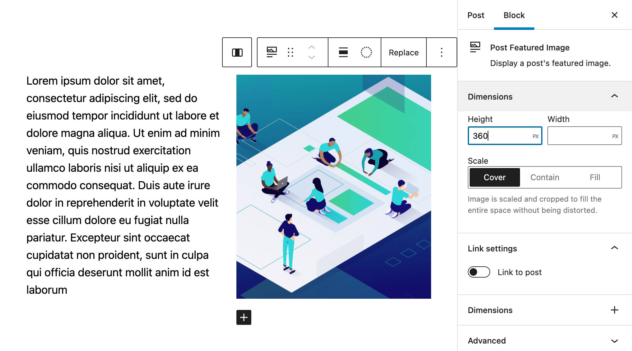 Udvalgte billeddimensioner panel.