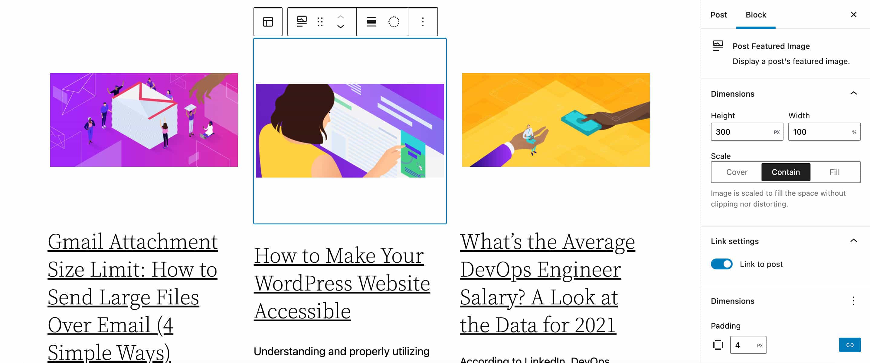 Udvalgte billeddimensioner i en Query Loop-blok.