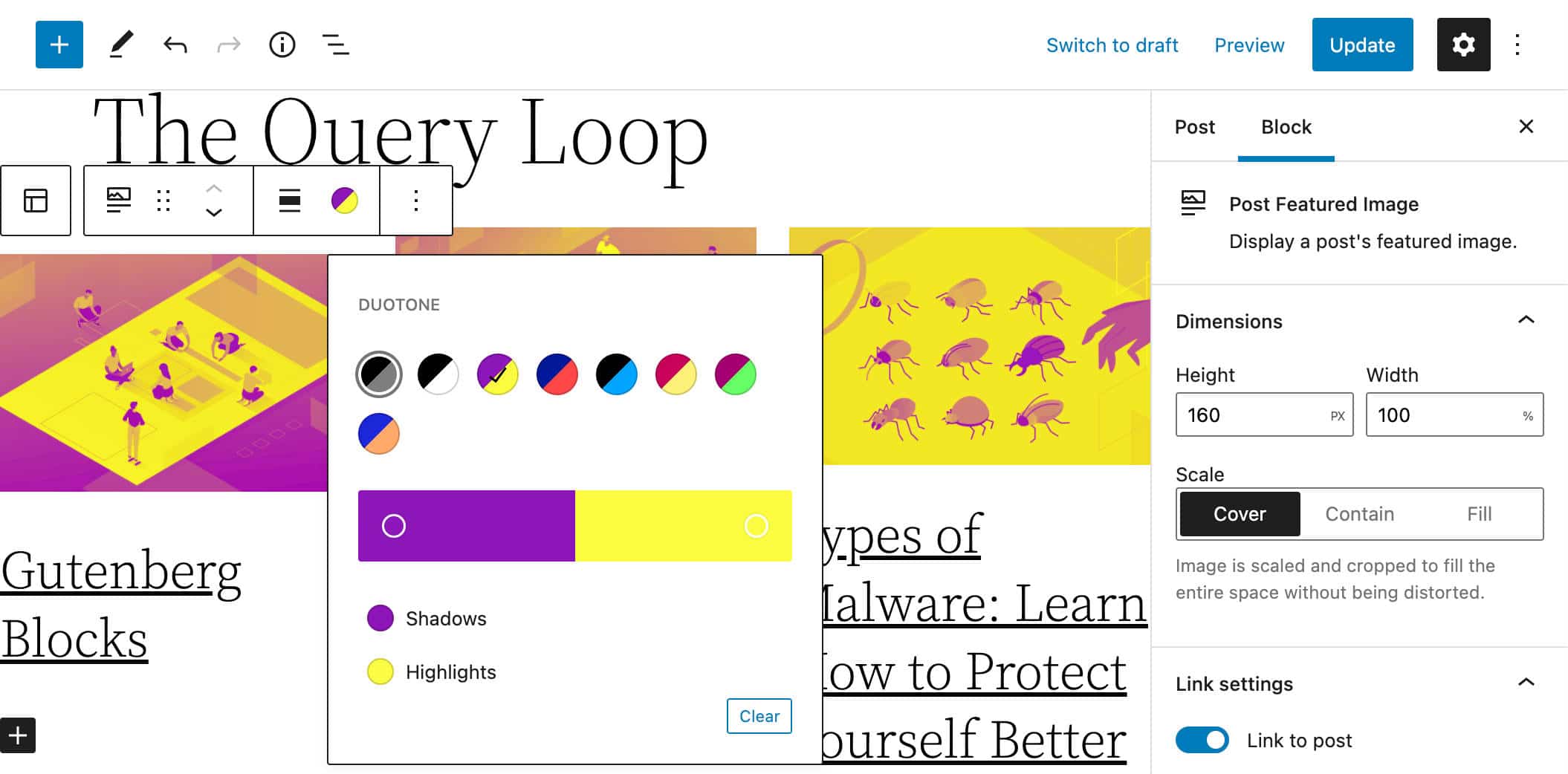 Duotone-filter på fremhævede billeder i en Query Loop-blok.
