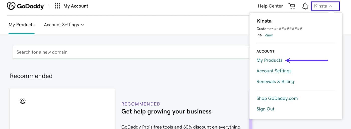   Wähle Meine Produkte unter deinem Kontonamen bei GoDaddy.
