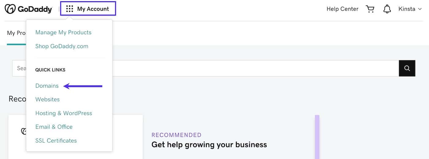   Wähle bei GoDaddy im Dropdown-Menü Mein Konto die Option Domains.