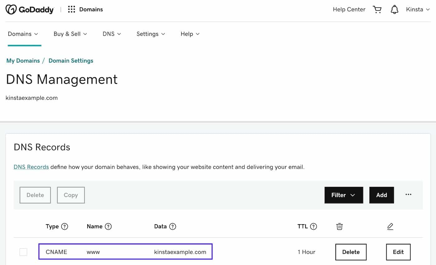   Ein www CNAME in GoDaddy DNS.