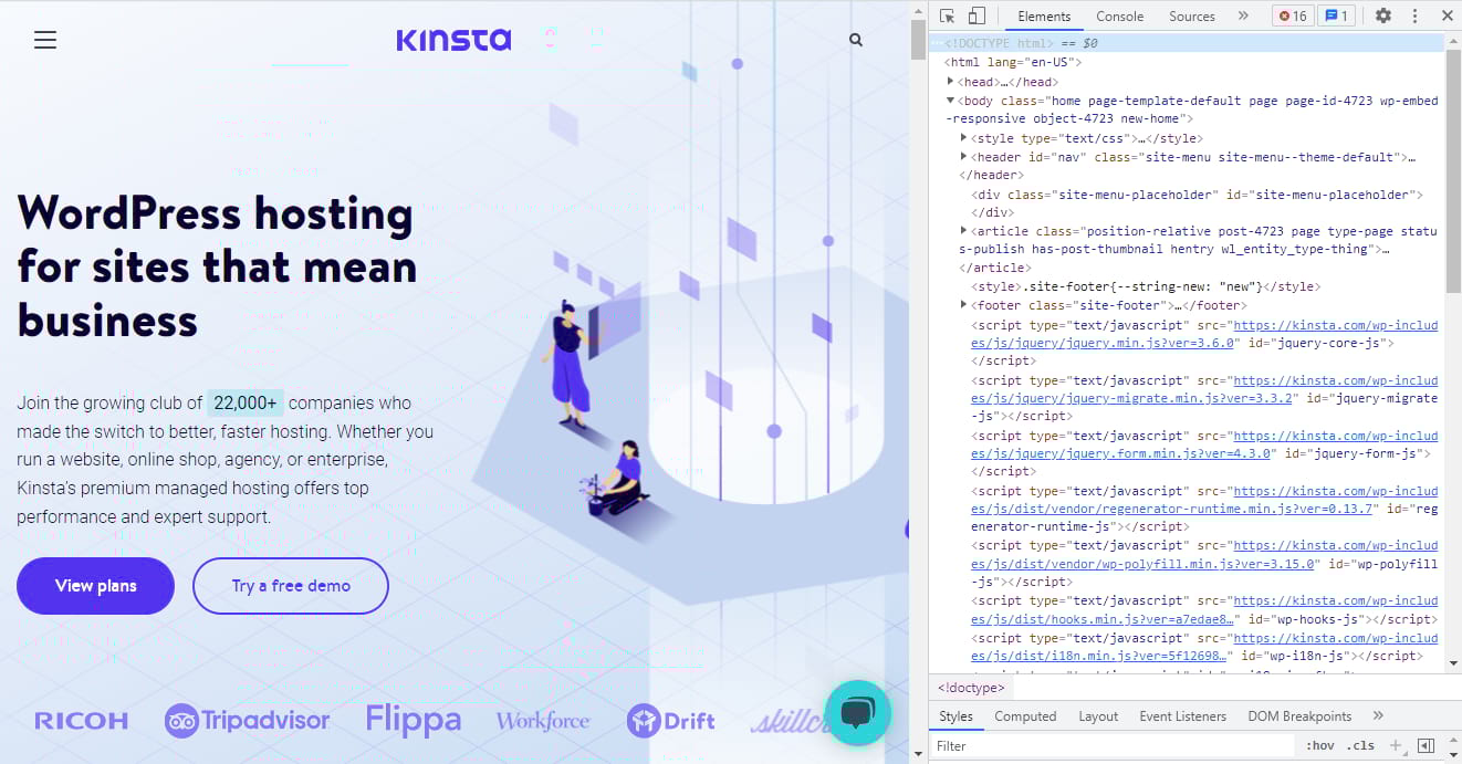 The HTML view of the Kinsta homepage.