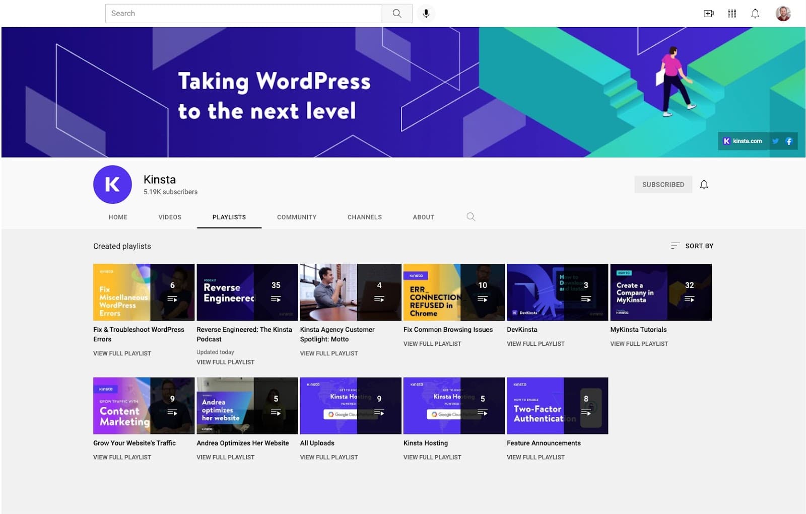 Uma captura de tela do Canal da Kinsta no YouTube com o título 