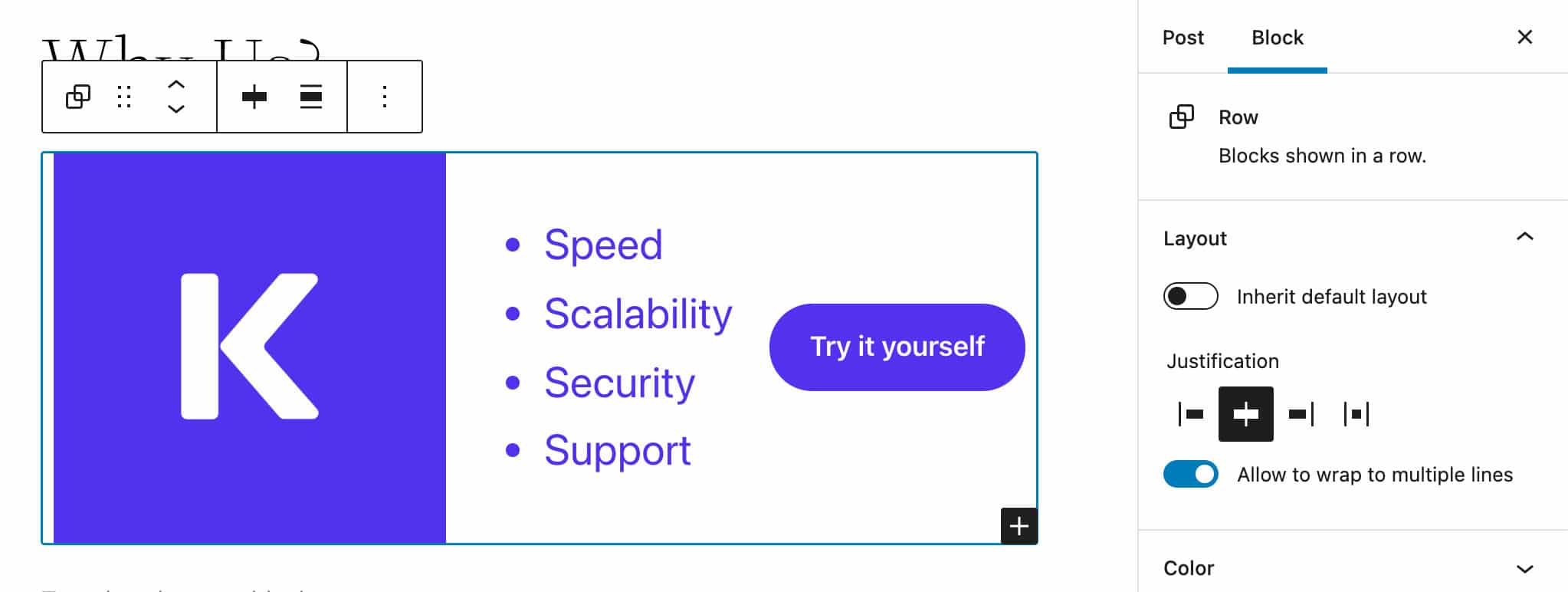 Den nye row block med layoutindstillinger.