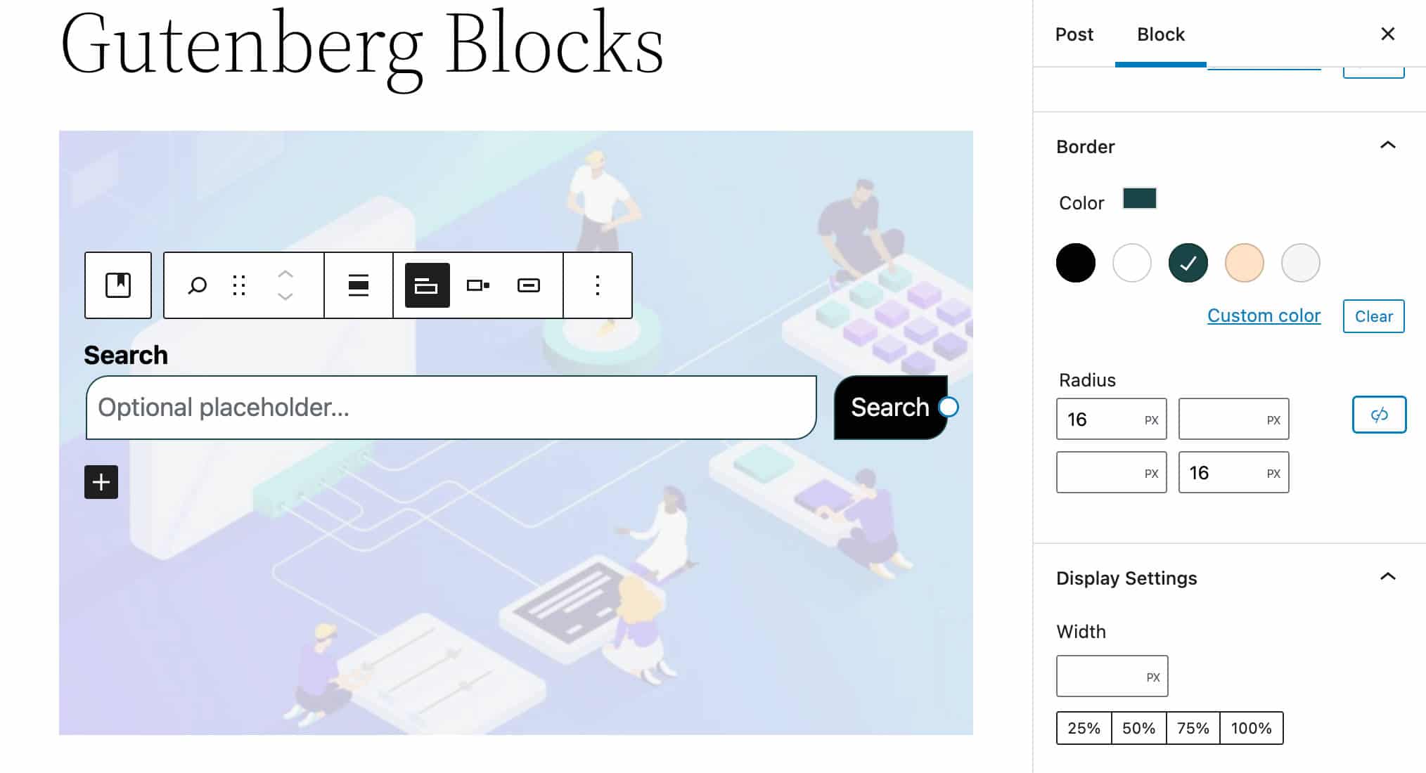 Søg Bloker border farve og radiusindstillinger.