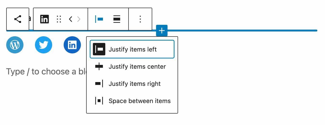 Layoutkontroller i blok værktøjslinjen Sociale links.
