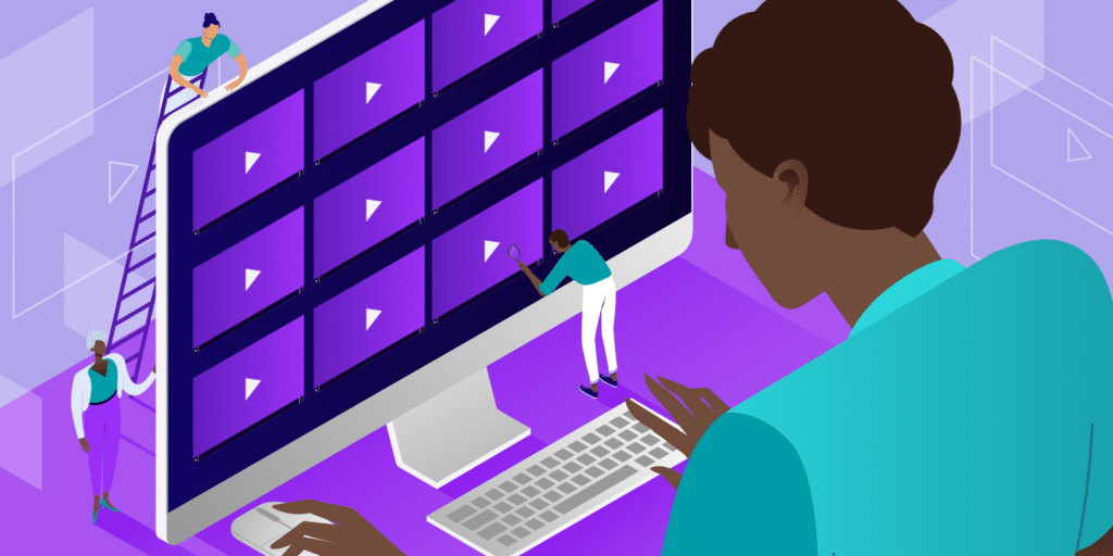 A person in front of a computer screen debating different video search engines