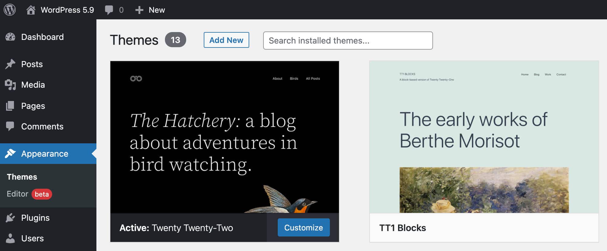 Den nye Udseendemenu i WordPress 5.9.