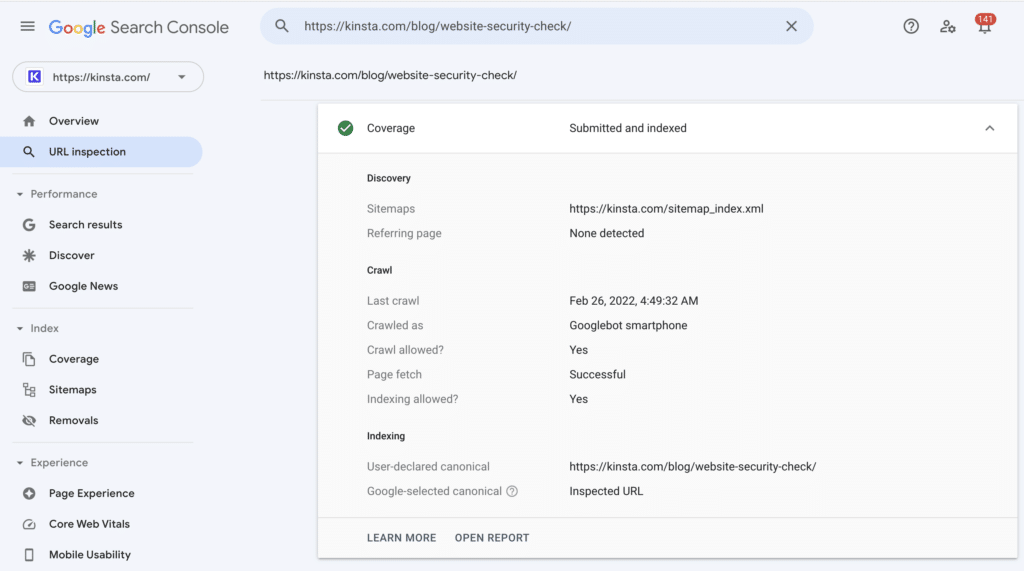 Checking the page is indexed.