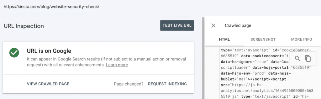 Google Search Console rendered HTML.