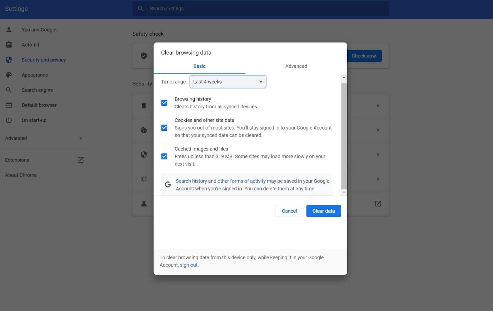 Schermata con le opzioni di cancellazione della cronologia su Google Chrome