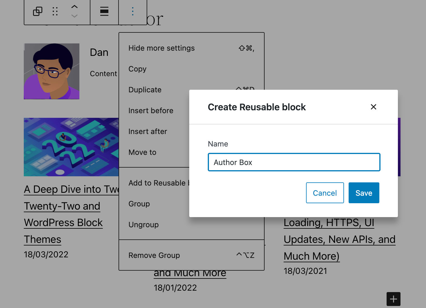 Een Groups block toevoegen aan herbruikbare blokken