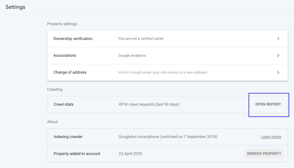 Settings open report Google Search Console.
