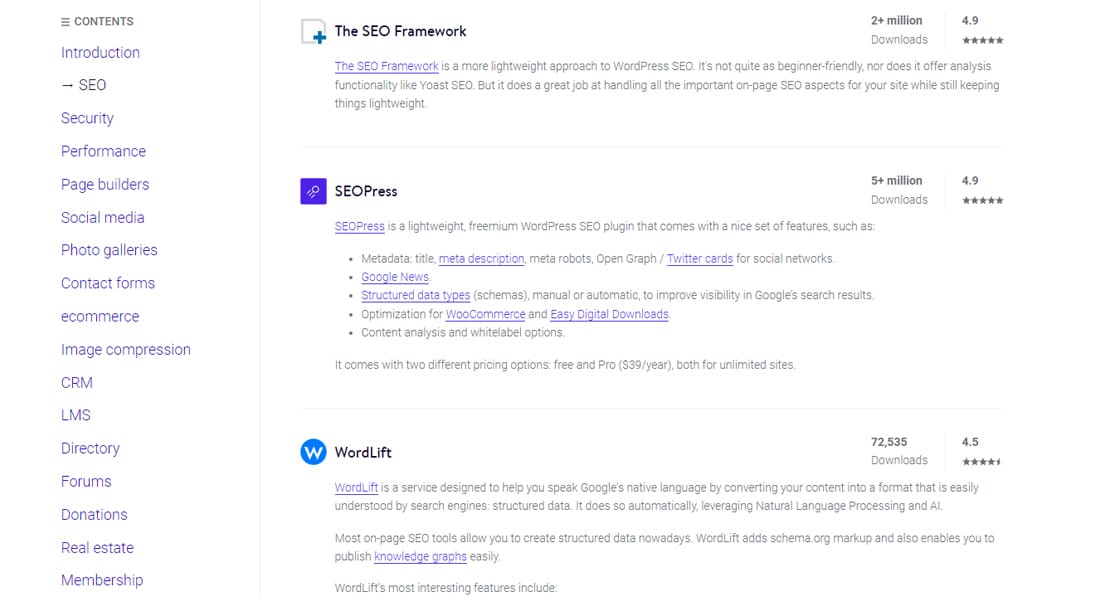 A screengrab from Kinsta's hand-picked WordPress list.