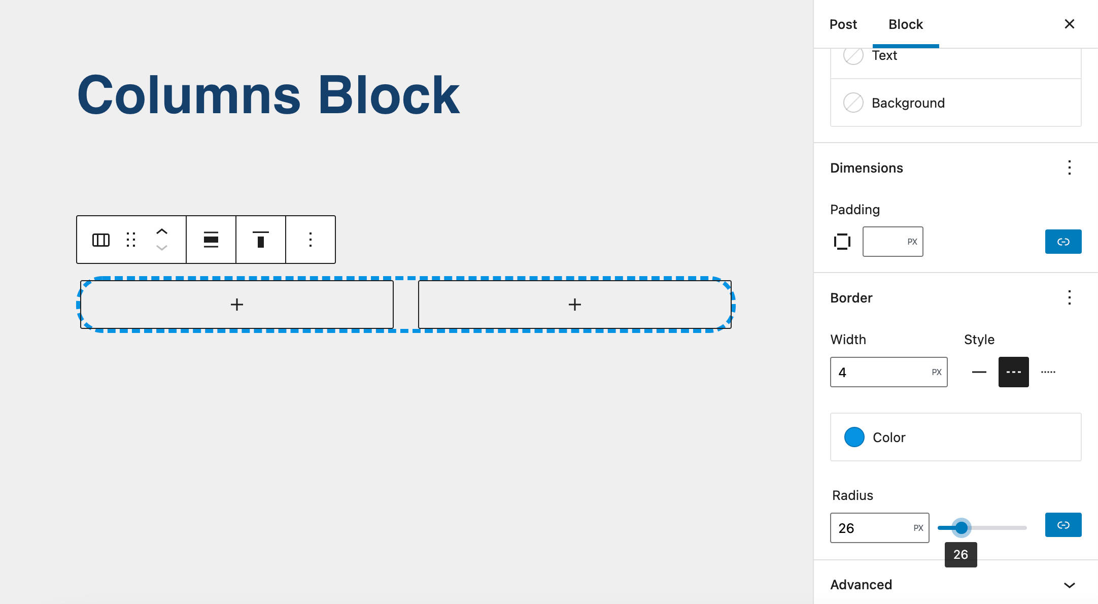 Controles de los bordes del bloque Columnas.