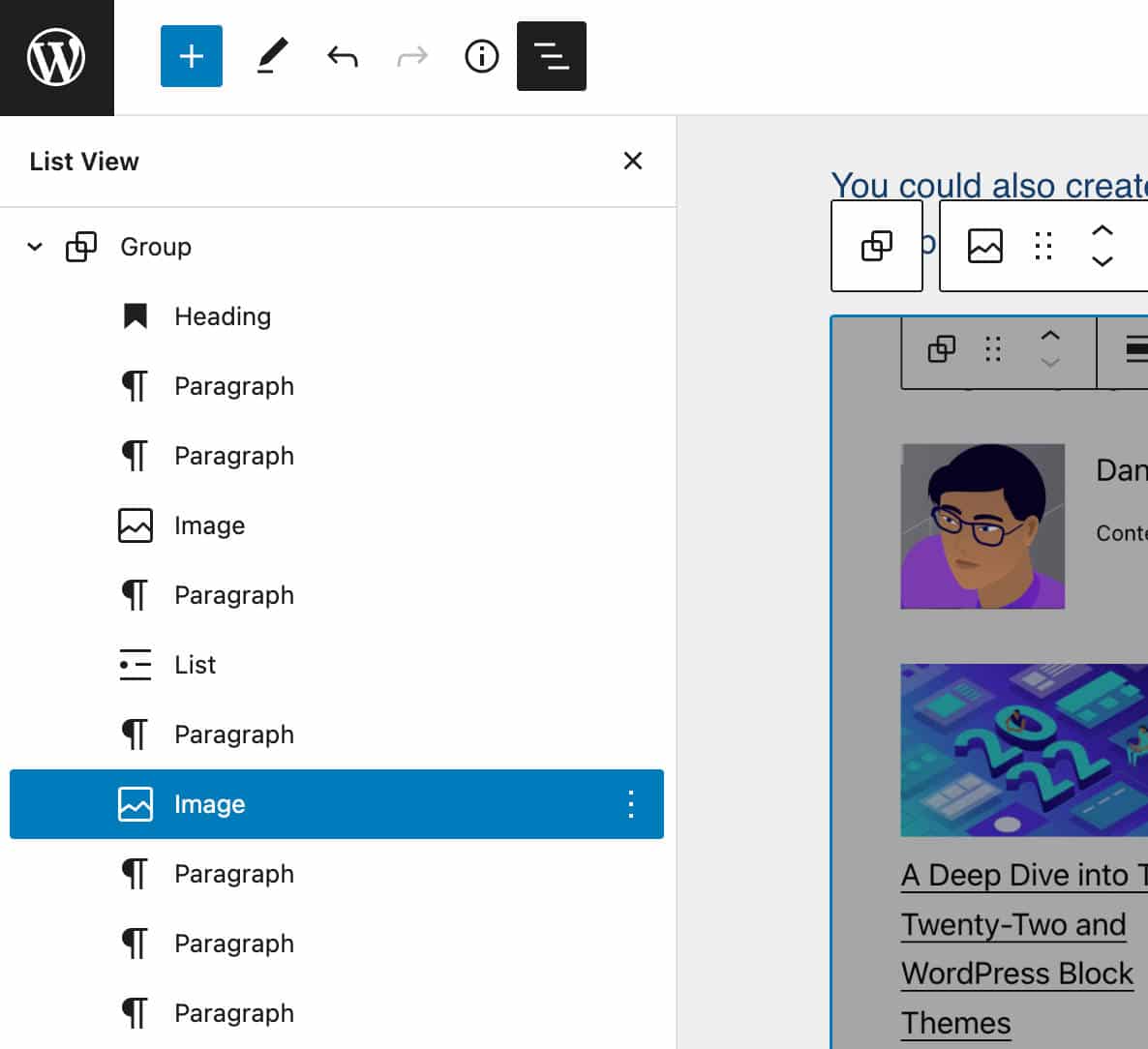 Bloque de grupo expandido en List View al seleccionar el bloque.