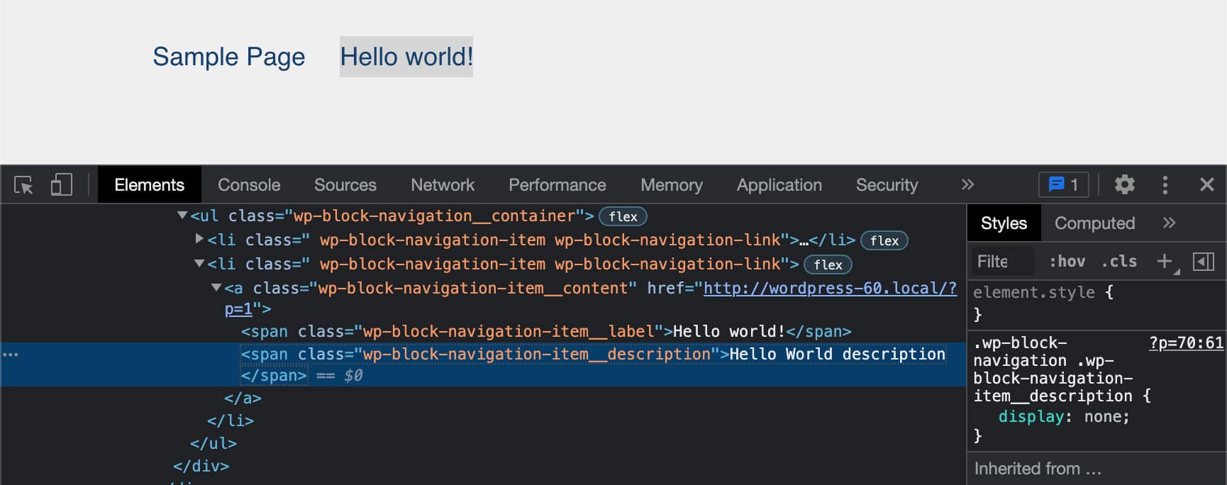 La descripción del enlace de navegación aparece después de la etiqueta del enlace.