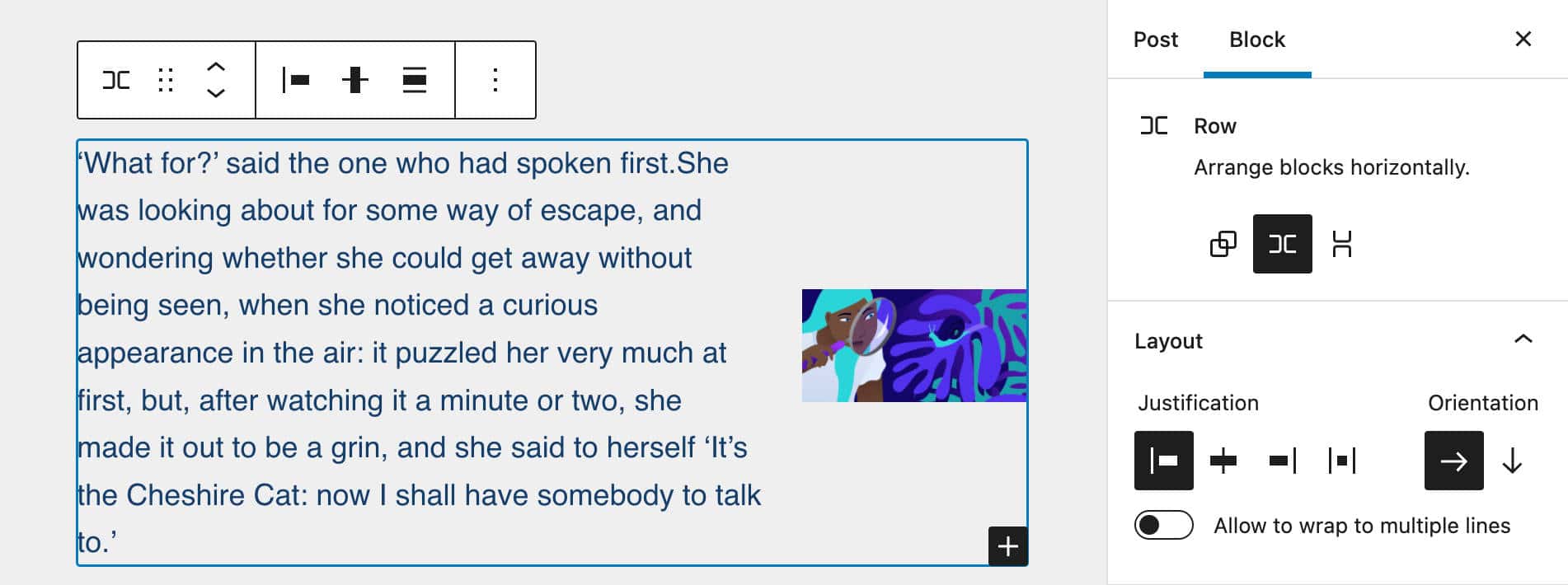 Un bloque de Fila muestra los bloques en horizontal.