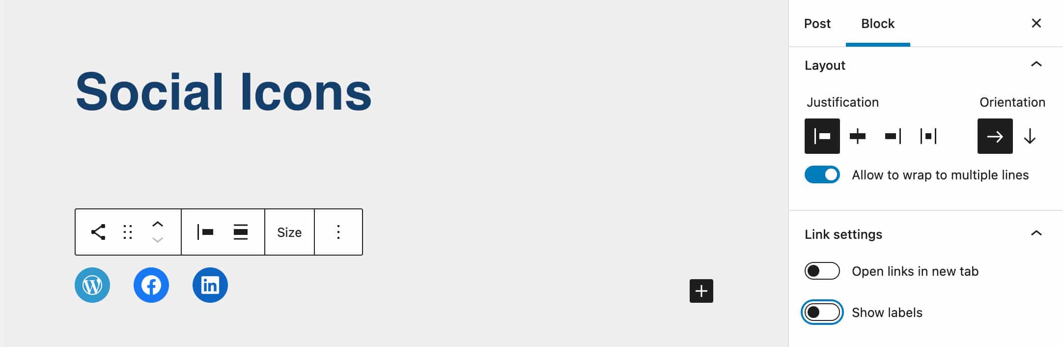 Un control de Mostrar etiquetas permite activar/desactivar las etiquetas en los Iconos Sociales.
