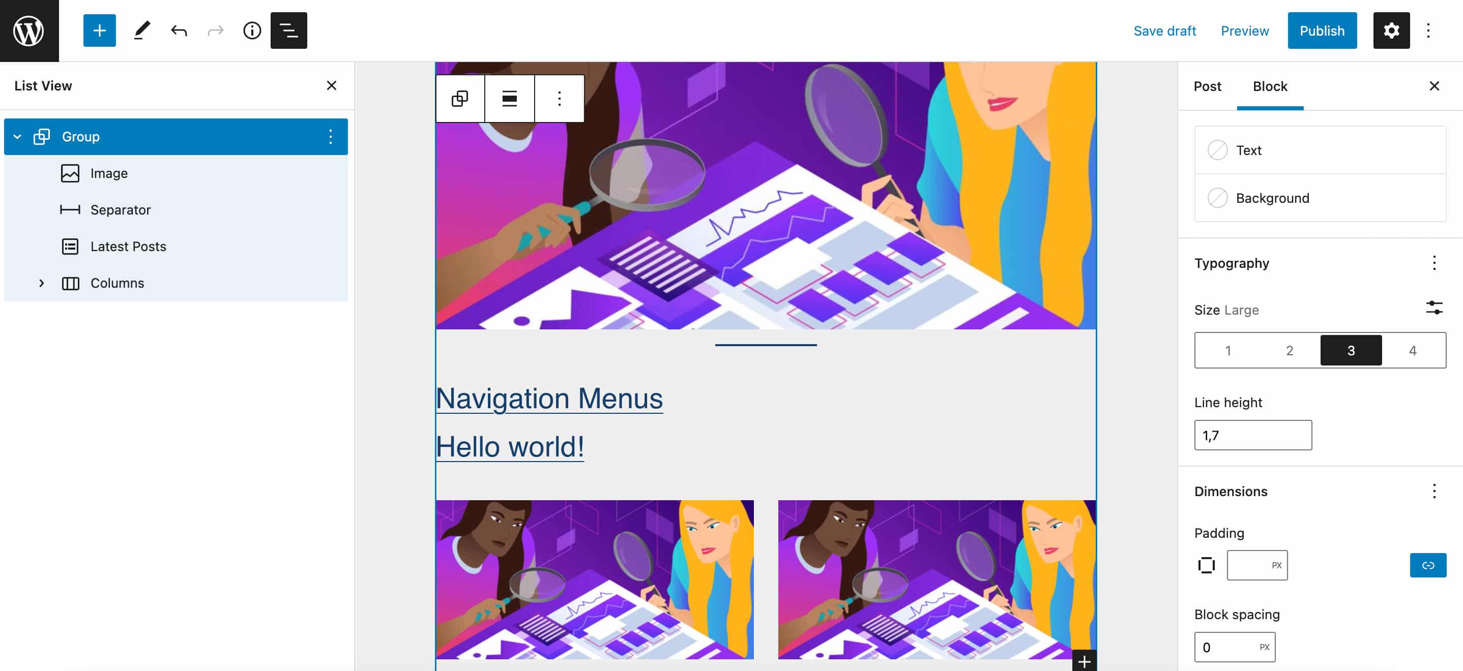 Ajustes de tipografía para un bloque de grupo.