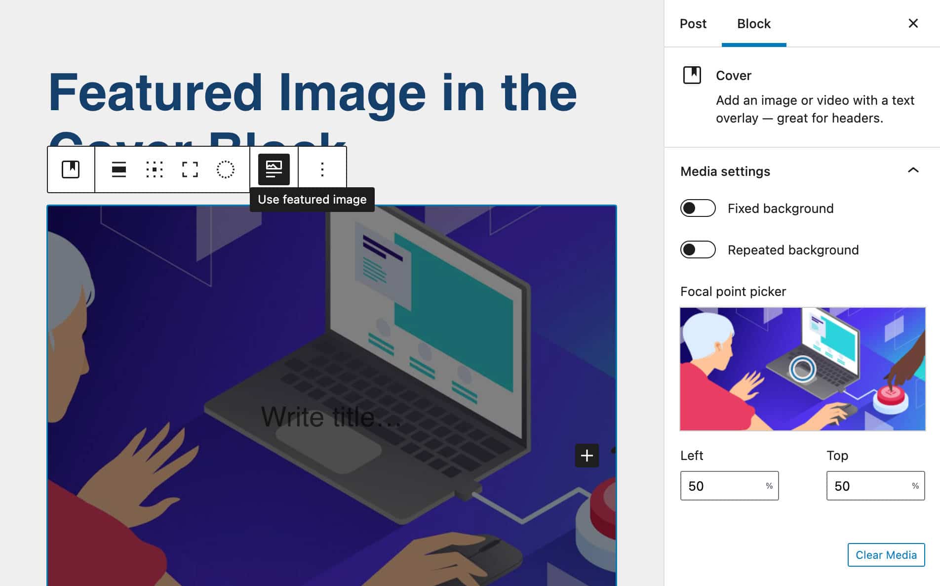 Usar imagen destacada con un bloque de portada.