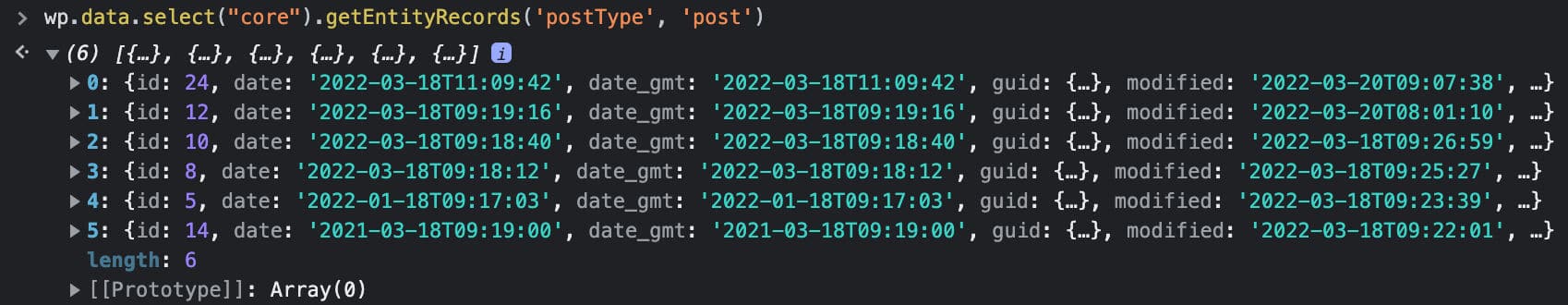 getEntityRecords geeft een lijst van berichten terug.